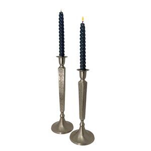 Vintage Pewter Taper Candlesticks Pair Tall Short Heavy Metal Etched Details